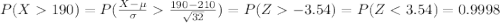 P(X190)=P(\frac{X-\mu}{\sigma}\frac{190-210}{\sqrt{32}})=P(Z-3.54)=P(Z