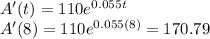 A'(t) =110e^{0.055t}\\A'(8) = 110e^{0.055(8)} = 170.79