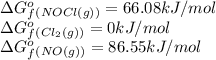 \Delta G^o_f_{(NOCl(g))}=66.08kJ/mol\\\Delta G^o_f_{(Cl_2(g))}=0kJ/mol\\\Delta G^o_f_{(NO(g))}=86.55kJ/mol