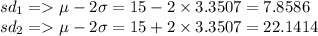 sd_1=\mu-2\sigma=15-2\times3.3507=7.8586\\sd_2=\mu-2\sigma=15+2\times3.3507=22.1414