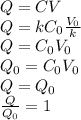 Q=CV\\Q=kC_0\frac{V_0}{k}\\Q=C_0V_0\\Q_0=C_0V_0\\Q=Q_0\\\frac{Q}{Q_0}=1