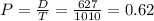 P = \frac{D}{T} = \frac{627}{1010} = 0.62