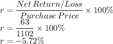 r=\dfrac{Net \,Return/Loss}{Purchase\, Price}\times 100\%\\r=\dfrac{63}{1102}\times 100\%\\r=-5.72\%