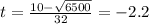 t=\frac{10-\sqrt{6500}}{32}=-2.2