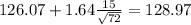 126.07+1.64\frac{15}{\sqrt{72}}=128.97