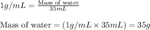 1g/mL=\frac{\text{Mass of water}}{35mL}\\\\\text{Mass of water}=(1g/mL\times 35mL)=35g