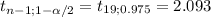 t_{n-1;1-\alpha /2} = t_{19;0.975}= 2.093