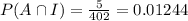 P(A\cap I)=\frac{5}{402} =0.01244