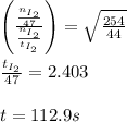 \left(\frac{\frac{n_{I_2}}{47}}{\frac{n_{I_2}}{t_{I_2}}}\right)=\sqrt{\frac{254}{44}}\\\\\frac{t_{I_2}}{47}=2.403\\\\t=112.9s