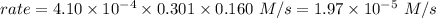 rate = 4.10\times 10^{-4}\times 0.301\times 0.160\ M/s=1.97\times 10^{-5}\ M/s