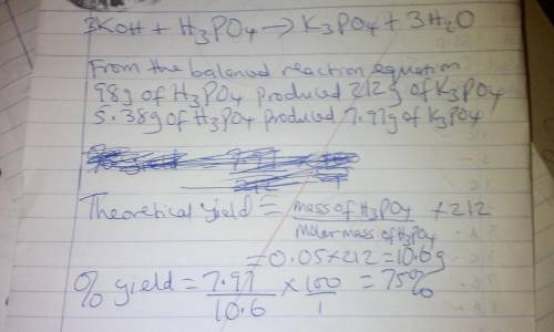 Consider the reaction of KOH with H3PO4 to form K3PO4 and H2O. If 5.38 g H3PO4 is reacted with exces
