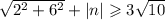 \sqrt{ {2}^{2}  + {6}^{2}  }  +  |n|  \geqslant 3 \sqrt{10}