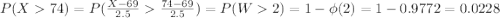 P(X  74) = P(\frac{X-69}{2.5}  \frac{74-69}{2.5}) = P(W  2) = 1-\phi(2) = 1-0.9772 = 0.0228