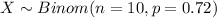 X \sim Binom(n=10, p=0.72)