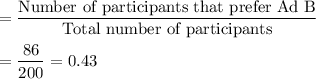 =\dfrac{\text{Number of participants that prefer Ad B}}{\text{Total number of participants}}\\\\=\dfrac{86}{200} = 0.43