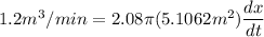 1.2m^3/min=2.08\pi(5.1062m^2)\dfrac{dx}{dt}
