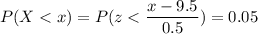 P( X < x) = P( z < \displaystyle\frac{x - 9.5}{0.5})=0.05