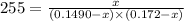 255=\frac{x}{(0.1490-x)\times (0.172-x)}