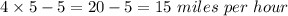 4\times5-5 =20 -5 = 15 \ miles\ per \ hour