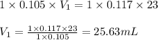 1\times 0.105\times V_1=1\times 0.117\times 23\\\\V_1=\frac{1\times 0.117\times 23}{1\times 0.105}=25.63mL
