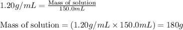 1.20g/mL=\frac{\text{Mass of solution}}{150.0mL}\\\\\text{Mass of solution}=(1.20g/mL\times 150.0mL)=180g