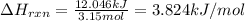 \Delta H_{rxn}=\frac{12.046kJ}{3.15mol}=3.824kJ/mol