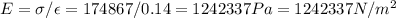 E = \sigma / \epsilon = 174867 / 0.14 = 1242337 Pa = 1242337 N/m^2