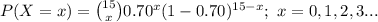 P(X=x)={15\choose x}0.70^{x}(1-0.70)^{15-x};\ x=0,1,2,3...