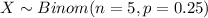 X \sim Binom(n=5, p=0.25)