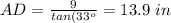 AD=\frac{9}{tan(33^o}}=13.9\ in