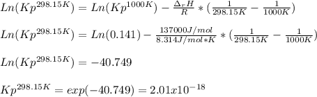 Ln(Kp^{298.15K})=Ln(Kp^{1000K})-\frac{\Delta _rH}{R}*(\frac{1}{298.15K}-\frac{1}{1000K} )\\\\Ln(Kp^{298.15K})=Ln(0.141)-\frac{137000J/mol}{8.314J/mol*K} *(\frac{1}{298.15K}-\frac{1}{1000K} )\\\\Ln(Kp^{298.15K})=-40.749\\\\Kp^{298.15K}=exp(-40.749)=2.01x10^{-18}