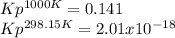 Kp^{1000K}=0.141\\Kp^{298.15K}=2.01x10^{-18}