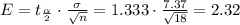 E=t_{\frac{\alpha}{2}}\cdot \frac{\sigma}{\sqrt{n}}=1.333\cdot \frac{7.37}{\sqrt{18}}=2.32