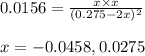 0.0156=\frac{x\times x}{(0.275-2x)^2}\\\\x=-0.0458,0.0275