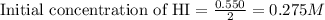 \text{Initial concentration of HI}=\frac{0.550}{2}=0.275M