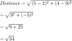Distance=\sqrt{(5-2)^2+(4-9)^2}\\\\ =\sqrt{3^2+(-5)^2}\\\\ =\sqrt{9+25}\\\\=\sqrt{34}