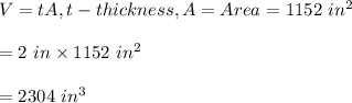 V=tA, t-thickness, A=Area=1152 \ in^2\\\\=2 \ in \times 1152\ in^2\\\\=2304 \ in^3