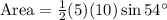 \text {Area}=\frac{1}{2} (5)(10) \sin 54^{\circ}