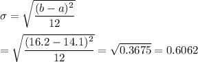 \sigma = \sqrt{\displaystyle\frac{(b-a)^2}{12}}\\\\= \sqrt{\dfrac{(16.2-14.1)^2}{12}} = \sqrt{0.3675} = 0.6062