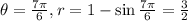 \theta=\frac{7\pi}{6},r=1-\sin\frac{7\pi}{6}=\frac{3}{2}