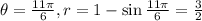 \theta=\frac{11\pi}{6},r=1-\sin\frac{11\pi}{6}=\frac{3}{2}