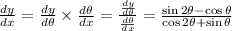 \frac{dy}{dx}=\frac{dy}{d\theta}\times\frac{d\theta}{dx}=\frac{\frac{dy}{d\theta}}{\frac{d\theta}{dx}}=\frac{\sin 2\theta-\cos\theta}{\cos 2\theta+\sin\theta}