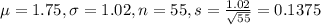 \mu = 1.75, \sigma = 1.02, n = 55, s = \frac{1.02}{\sqrt{55}} = 0.1375