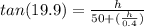 tan (19.9)=\frac{h}{50+(\frac{h}{0.4} )}
