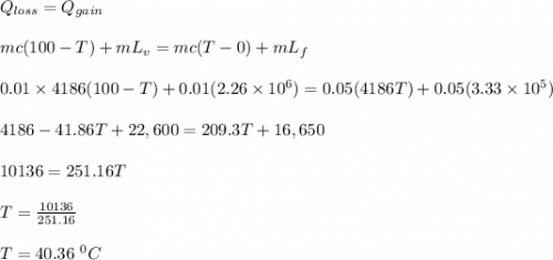 Q_{loss} = Q_{gain}\\\\mc(100 - T) +m L_v = mc(T - 0) + mL_f\\\\0.01\times 4186(100 - T) + 0.01(2.26 \times 10^6)= 0.05( 4186T) + 0.05(3.33\times 10^5)\\\\4186 -41.86T + 22,600 = 209.3T + 16,650\\\\10136= 251.16T\\\\T = \frac{10136}{251.16} \\\\T= 40.36 \ ^0C