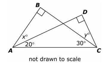 Right triangle ABC and right triangle ACD overlap as shown below. Angle DAC measures 20 degrees and