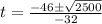 t=\frac{-46 \pm \sqrt{2500}}{-32}