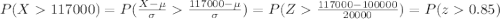 P(X117000)=P(\frac{X-\mu}{\sigma}\frac{117000-\mu}{\sigma})=P(Z\frac{117000-100000}{20000})=P(z0.85)