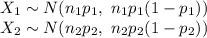 X_{1}\sim N(n_{1}p_{1},\ n_{1}p_{1}(1-p_{1}))\\X_{2}\sim N(n_{2}p_{2},\ n_{2}p_{2}(1-p_{2}))