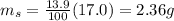 m_s = \frac{13.9}{100}(17.0)=2.36 g